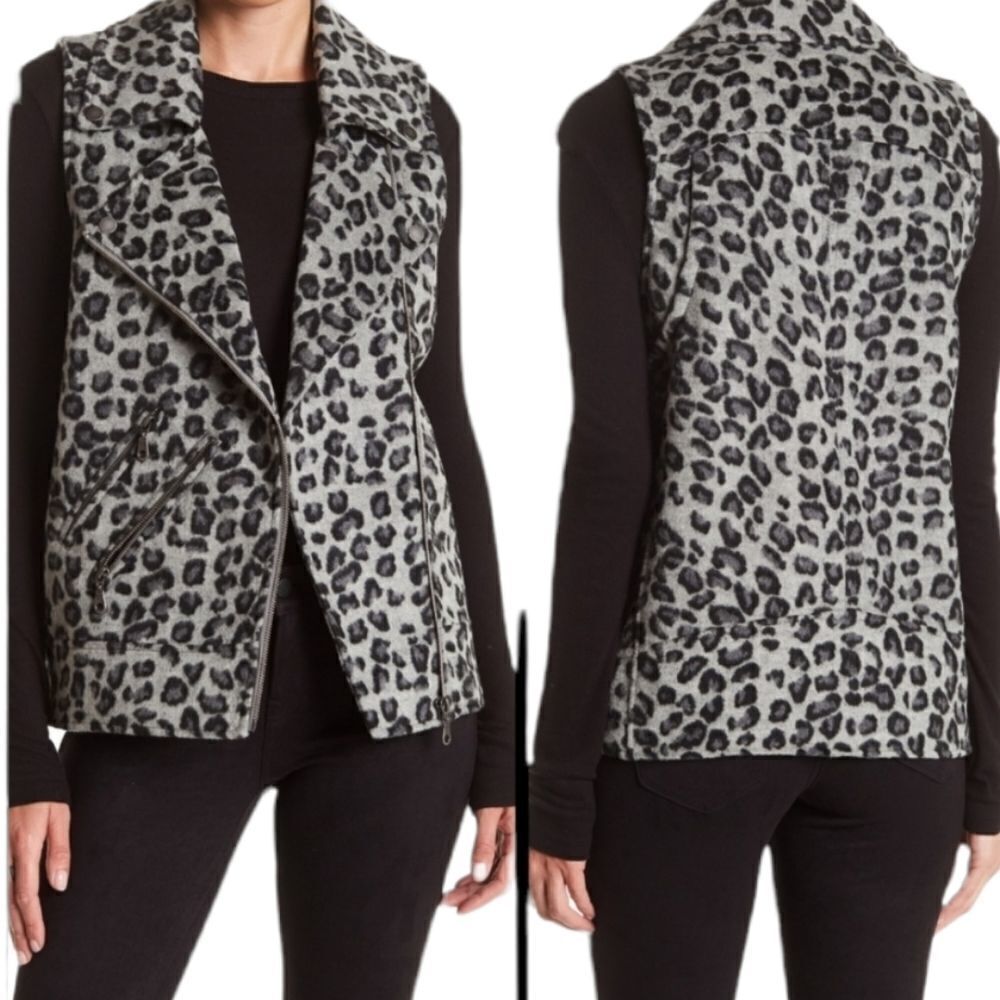 NEW JOLT leopard gray and black big cat zip collared moto vest L‎